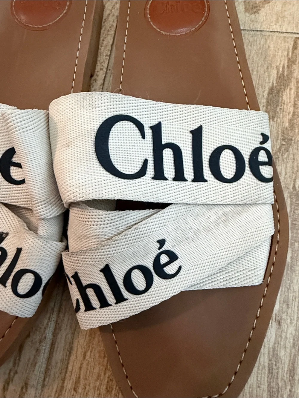 Chloé Logo Canvas Slide Sandals — Cream & Tan